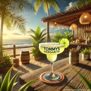 Tommy's Margarita in a wide-rimmed glass garnished with a lime wedge, set on a weathered wooden bar in a tropical beach setting with sunset lighting.