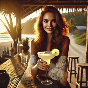 A red-haired woman holding a pale margarita with a lime wheel at a wooden beach bar at sunset.