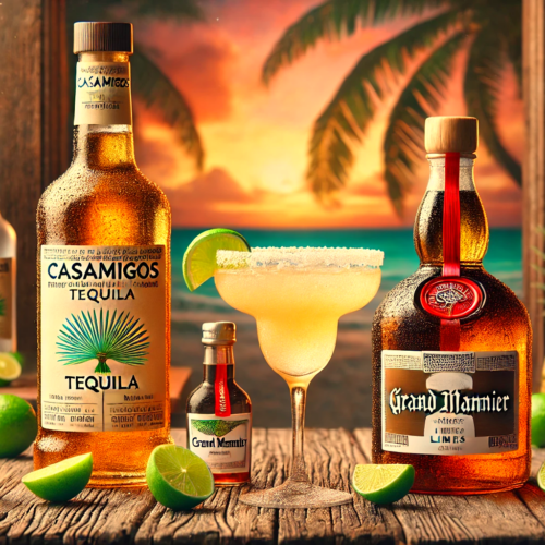 A Cadillac Margarita in a margarita glass with a salted rim and lime garnish, set on a rustic bar top with a Casamigos tequila bottle, a Grand Marnier bottle, and fresh limes, against a tropical sunset background.