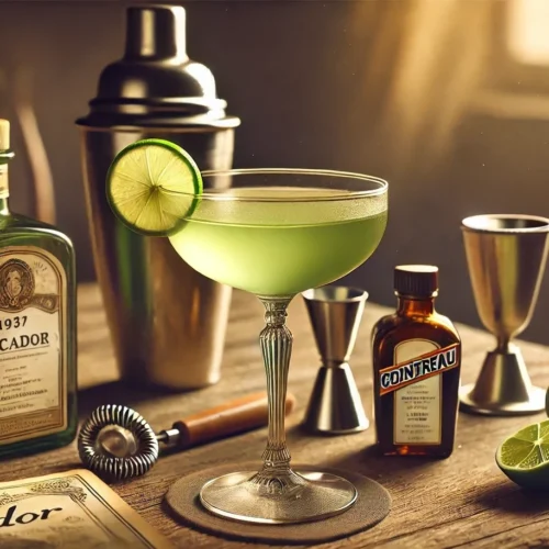 A pale green cocktail in a coupe with a lime wheel, beside bottles, a shaker and jiggers on a wooden table