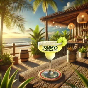 Tommy's Margarita in a wide-rimmed glass with a lime wedge on a weathered wooden bar at a tropical beach at sunset