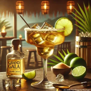 A golden margarita over ice with a lime garnish at a beach tiki bar at night, with tiki torches and tropical greenery