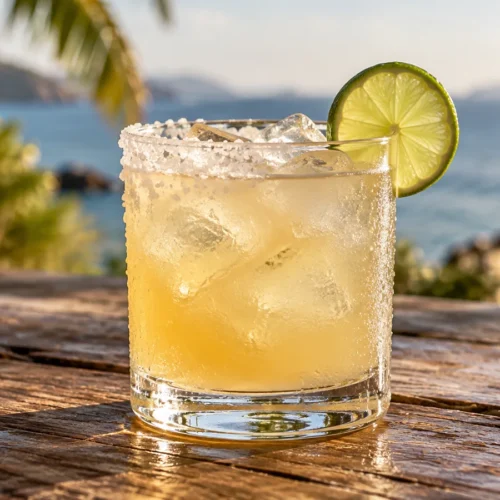 Golden margarita over ice in a rocks glass with a half salt rim and lime wheel on a wooden coastal bar.