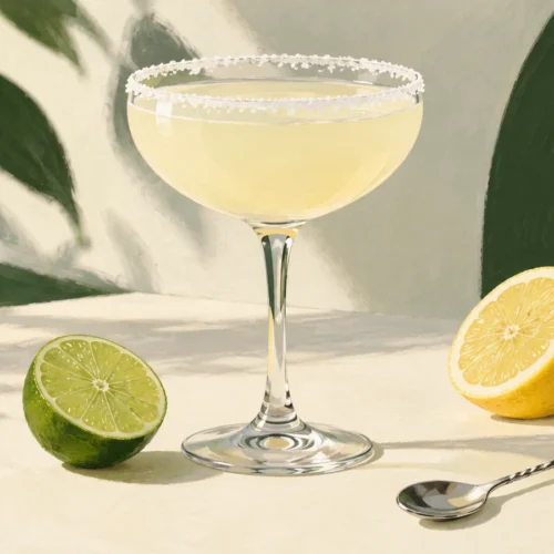 Modern editorial illustration of a pale citrus cocktail in a salt-rimmed stemmed glass, with a lime half, lemon half, and bar spoon.