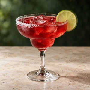 Ruby-red hibiscus margarita over ice with a lime wheel and partial salt rim on a light stone counter.