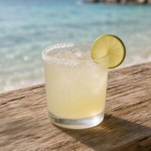Pale lime-straw margarita over ice in a rocks glass with salt on half the rim and a lime wheel on the bare side, on a weathered wooden plank above turquoise shallows.