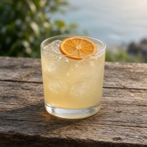 Pale gold margarita over ice cubes in a rocks glass with an orange wheel floating on top, on a weathered wooden bar with greenery and the sea softly blurred behind.