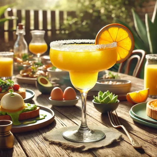 A Brunch Margarita garnished with an orange wheel on a rustic table with avocado toast, eggs Benedict, fresh fruit and a pitcher of orange juice, outdoors in the sun