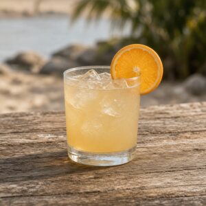 Pale amber margarita over ice cubes in a rocks glass with an orange wheel on the rim, on a weathered wooden bar with a sandy, rocky beach behind.