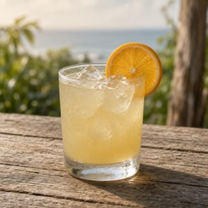 Pale gold margarita over ice cubes in a rocks glass with an orange wheel on the rim, on a weathered wooden bar with tropical greenery and the sea behind.