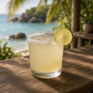 Pale gold margarita over ice in a rocks glass with salt on half the rim and a lime wheel on the bare side, on a wooden bar in palm-leaf shade with a turquoise bay and rocks behind.