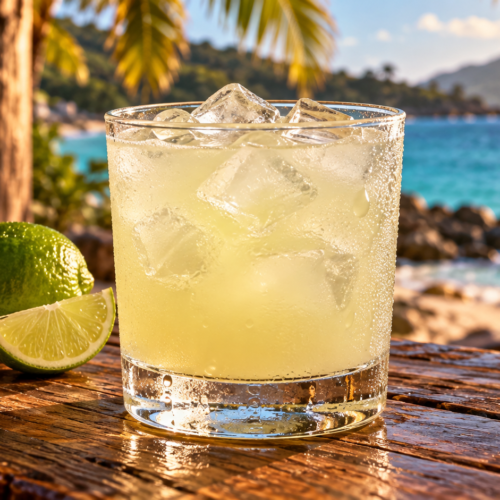 Pale golden Luna Vista Margarita over ice in a clear rocks glass on a wooden coastal bar.