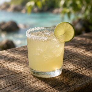 Pale gold margarita over ice in a rocks glass with salt on half the rim and a lime wheel on the bare side, on a weathered wooden bar above clear turquoise water and rocks.