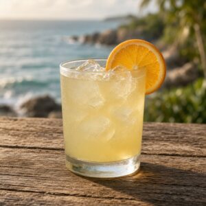 Light gold margarita over ice cubes in a rocks glass with an orange wheel on the rim, on a weathered wooden bar overlooking waves on a rocky shore.