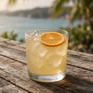 Pale gold margarita over ice cubes in a rocks glass with an orange wheel floating on top, on a weathered wooden table with the sea and hills behind.