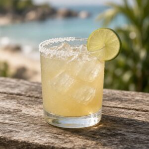 Light gold margarita over ice cubes in a rocks glass with salt on half the rim and a lime wheel on the bare side, on a weathered wooden bar with palms and a sandy cove behind.